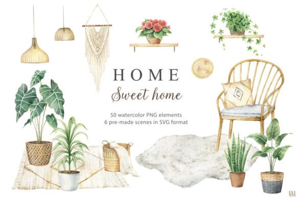 Home Sweet Home Watercolor Clipart: Graphics for Cozy Design